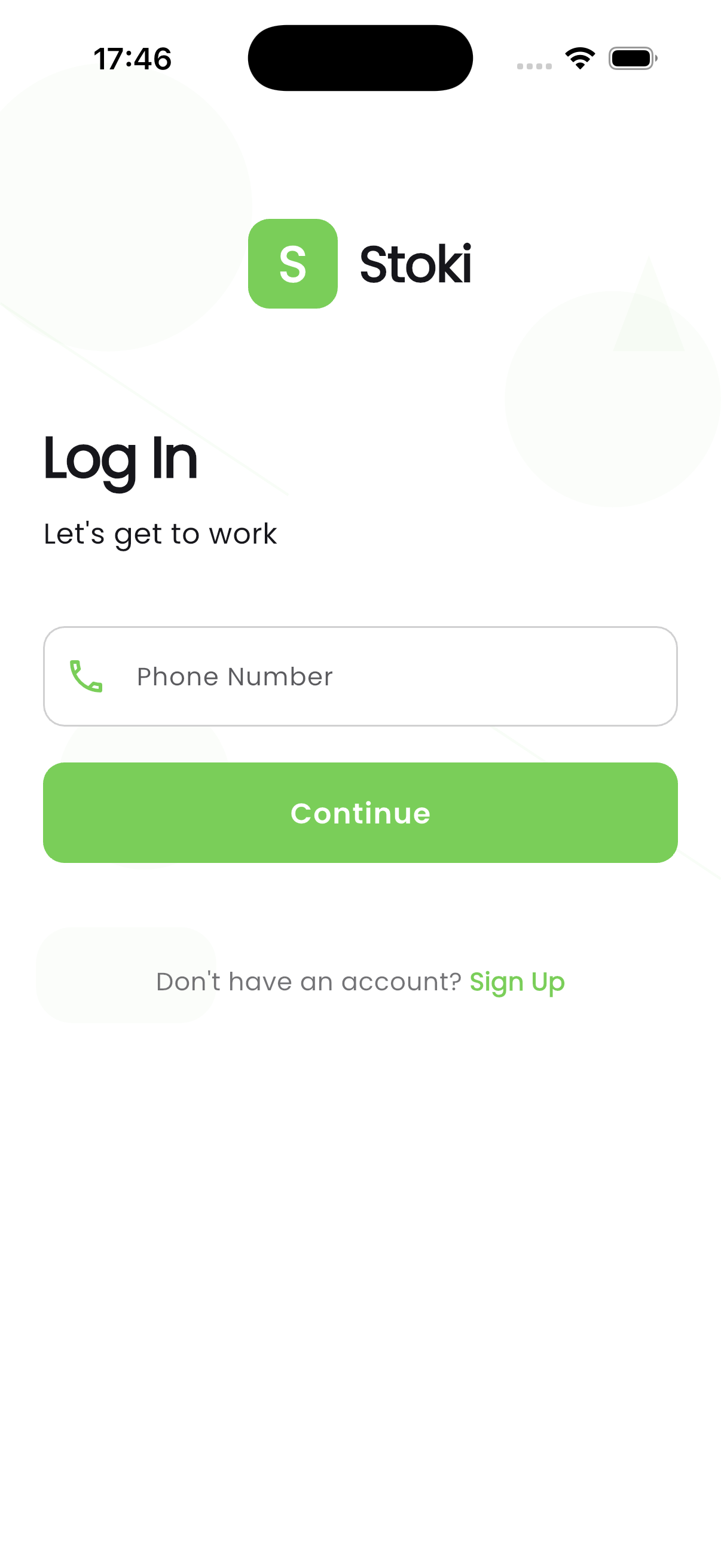 Stoki mobile app login screen